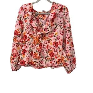 Old Navy Floral Peplum Blouse Pink Ruffle Tie Front Long Sleeve â Size M